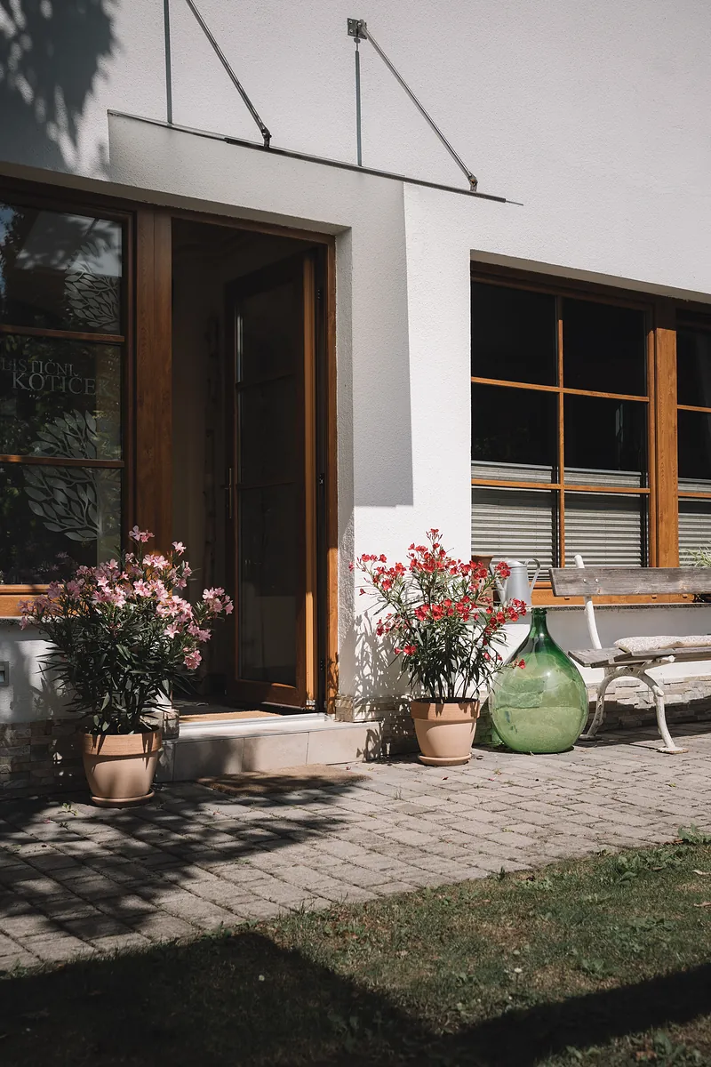 Studio entrance with potted flowers